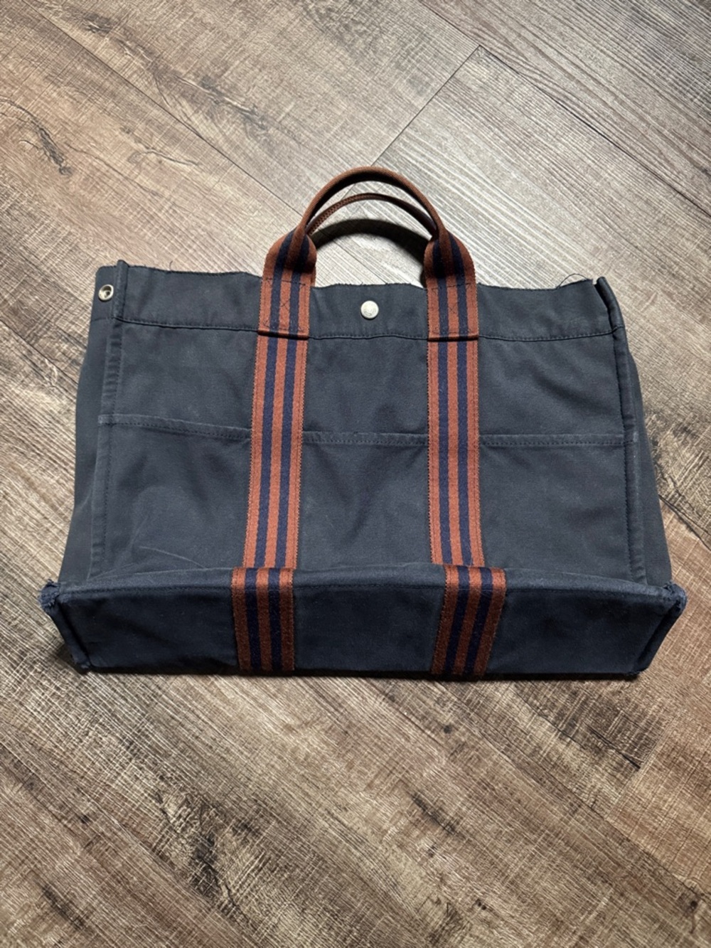 Hermes Navy Canvas Fourre Tout Tote with Brown & Navy Straps